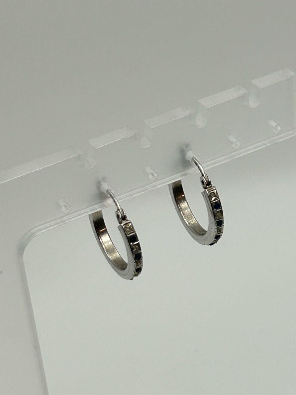 Sterling Silver Hoop Earrings Blue & Clear Crystals 1" Stamped 925 SLC - Picture 3 of 10